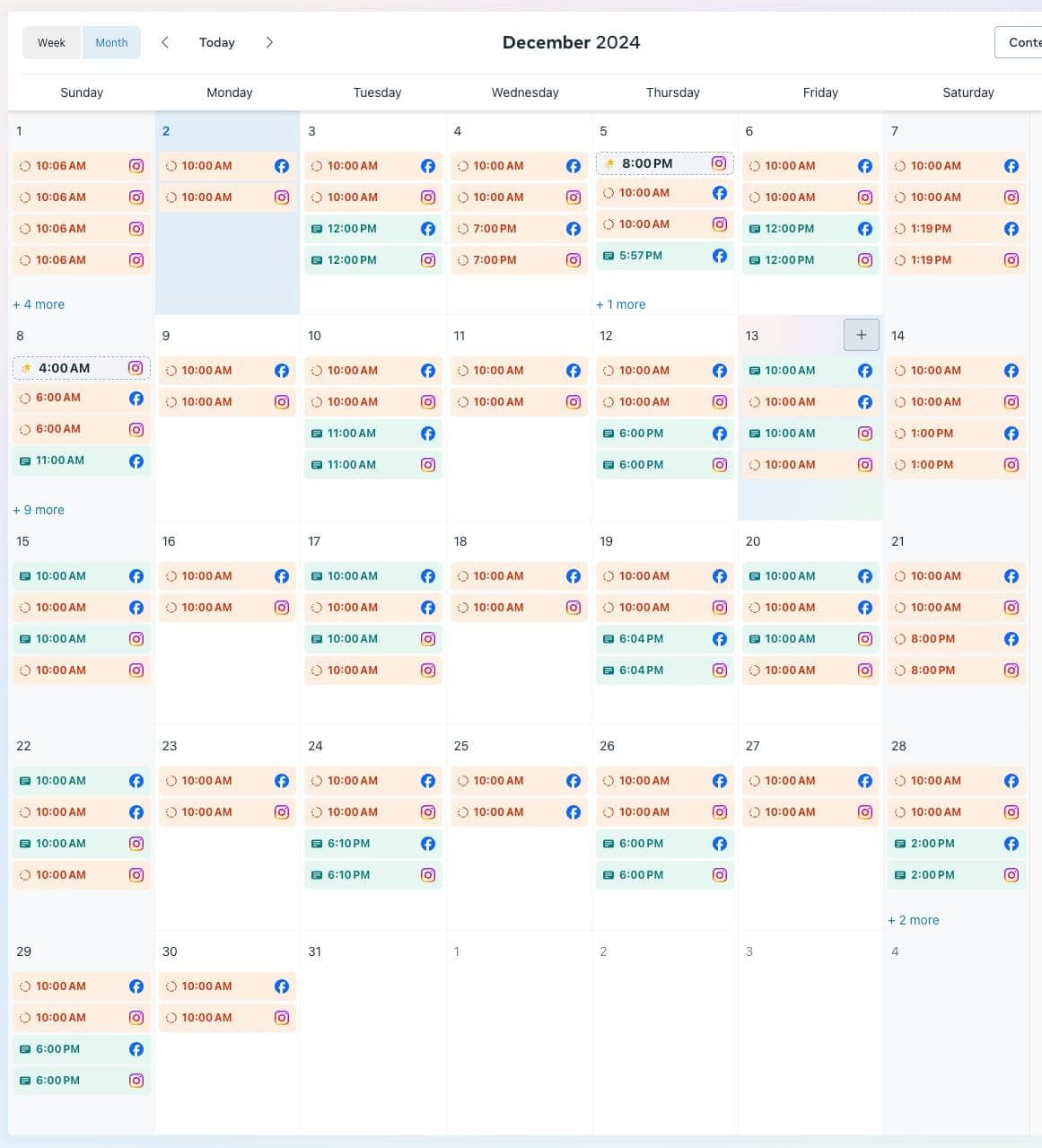 Instagram content calendar for Elba Clinic, showing a month of planned posts, Reels and Stories