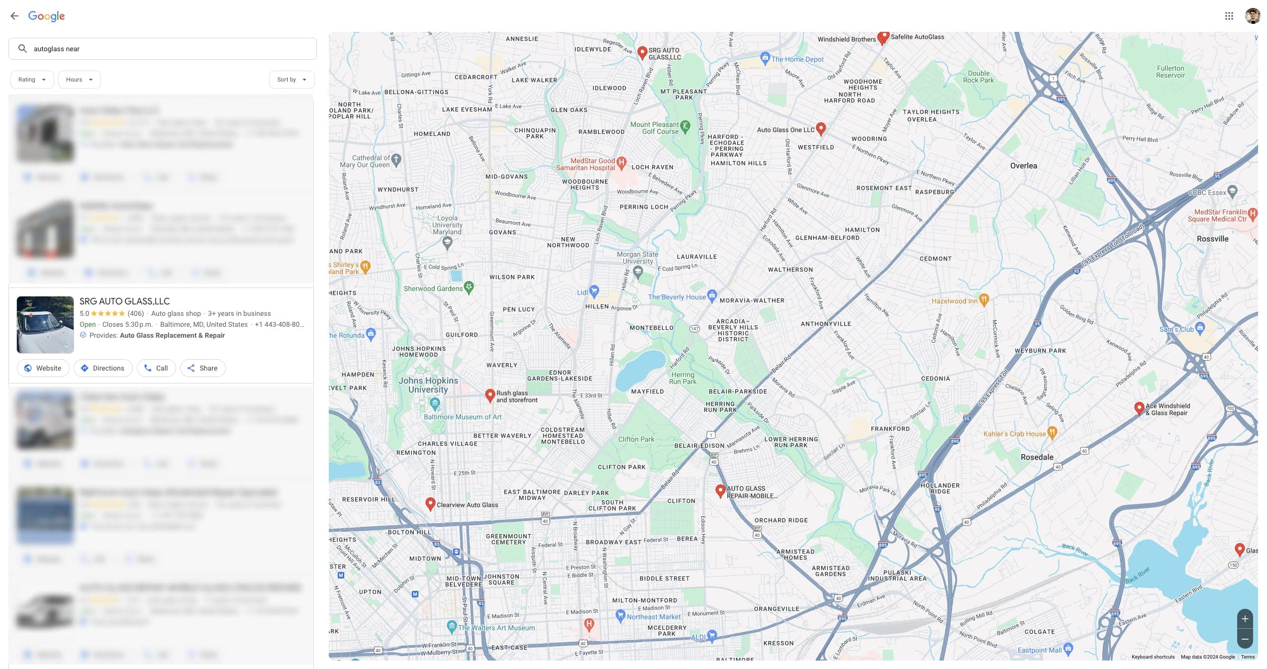 Google Maps local results for “autoglass near me” with SRG Auto Glass highlighted and rated 5.0
